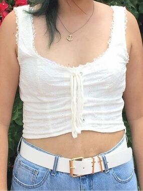 White Eyelet Lace-Trim Tie-Front Crop Tank Top